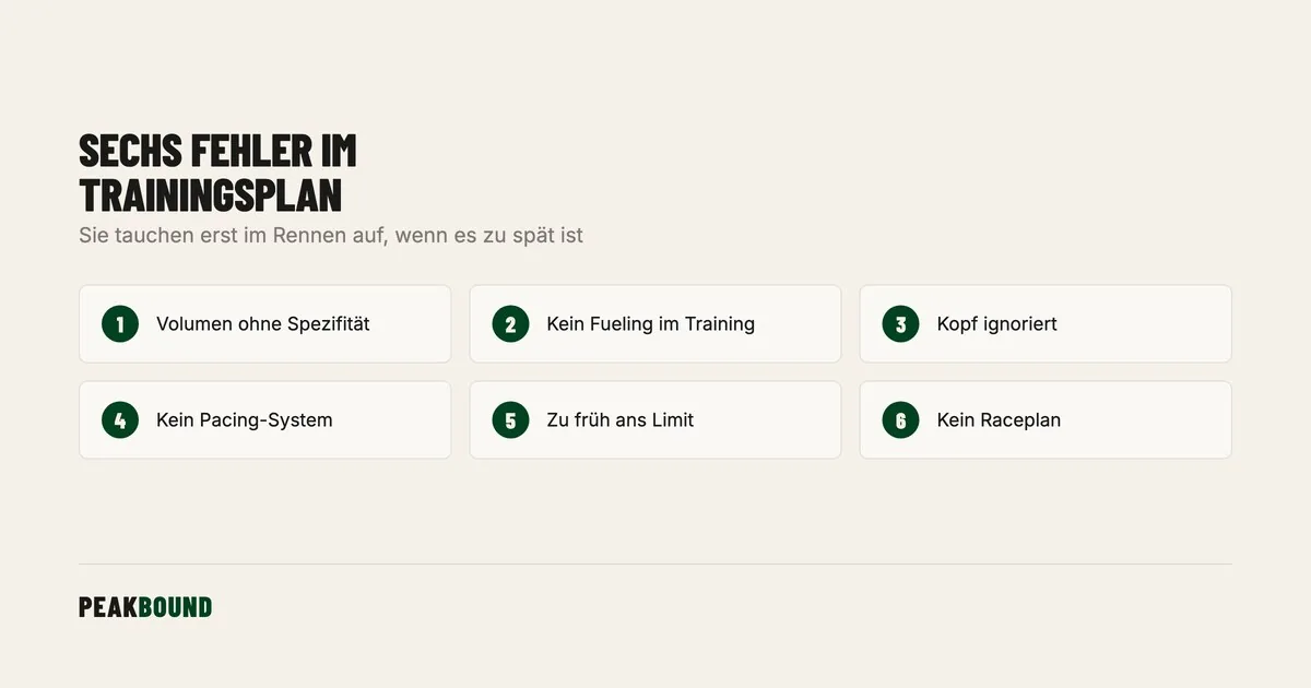 Schematische Zusammenfassung: Die 6 häufigsten Fehler im Ultramarathon Trainingsplan — und warum sie erst im Rennen sichtbar werden